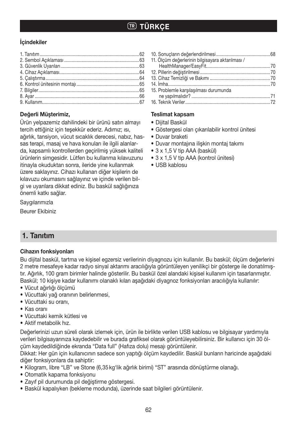 Tanıtım, Türkçe | Beurer BG 64 User Manual | Page 62 / 100