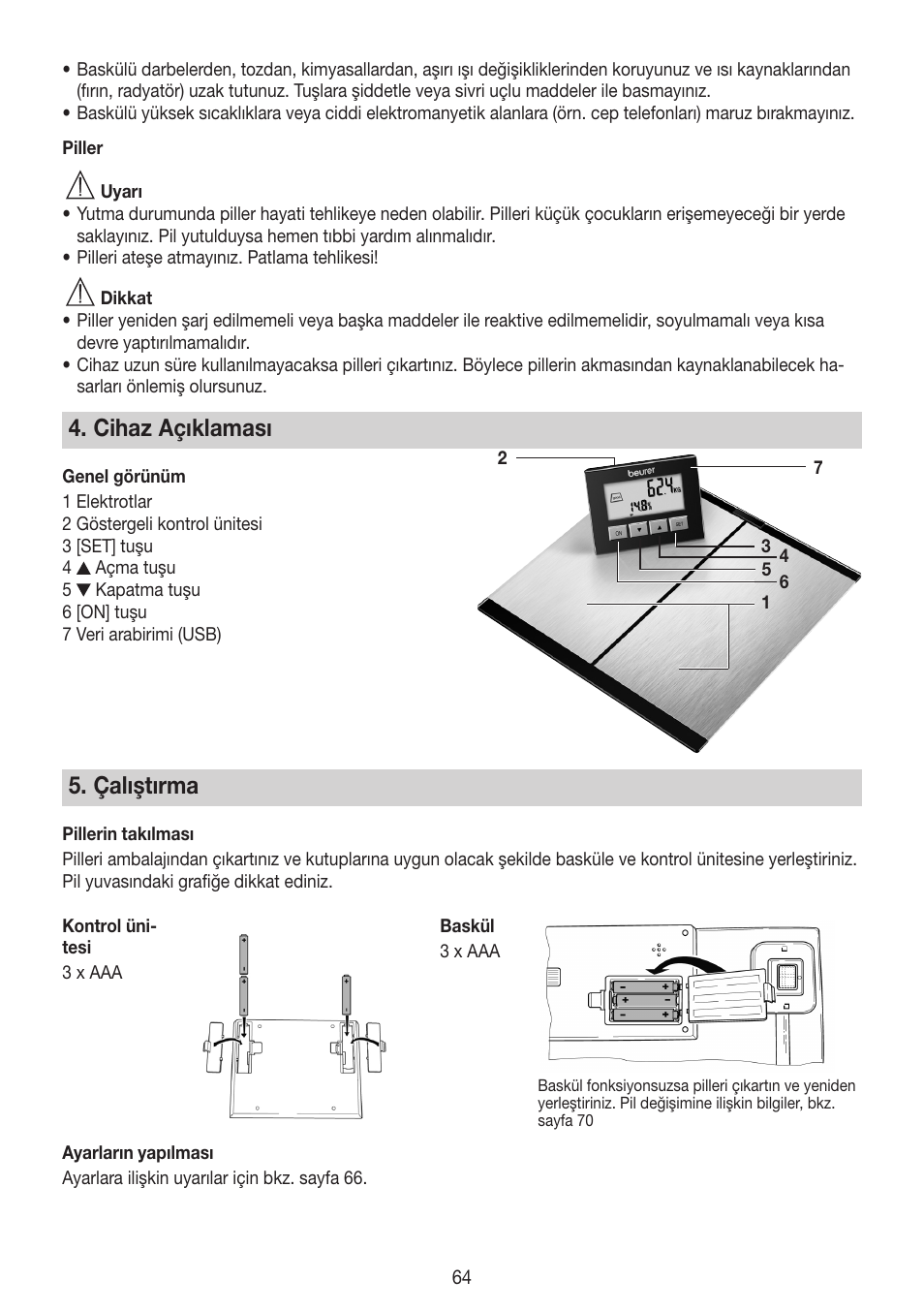 Cihaz açıklaması, Çalıştırma | Beurer BG 64 User Manual | Page 64 / 100