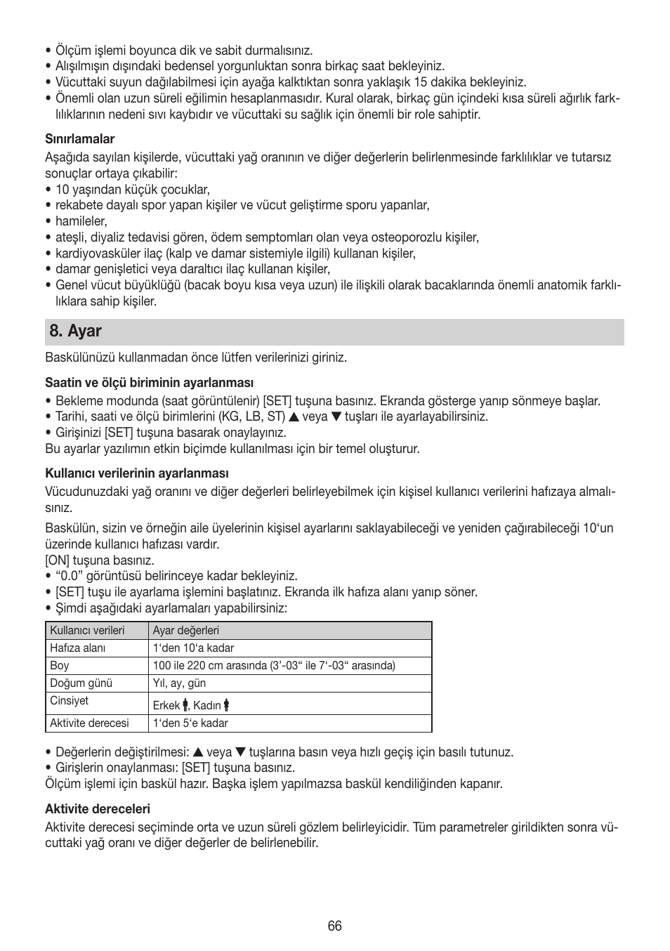 Ayar | Beurer BG 64 User Manual | Page 66 / 100