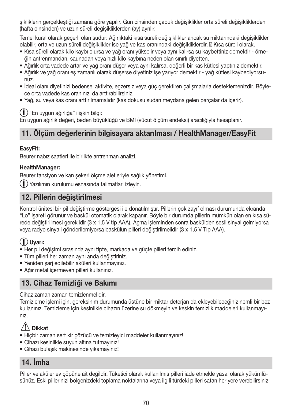 Pillerin değiştirilmesi, Cihaz temizliği ve bakımı, Imha | Beurer BG 64 User Manual | Page 70 / 100