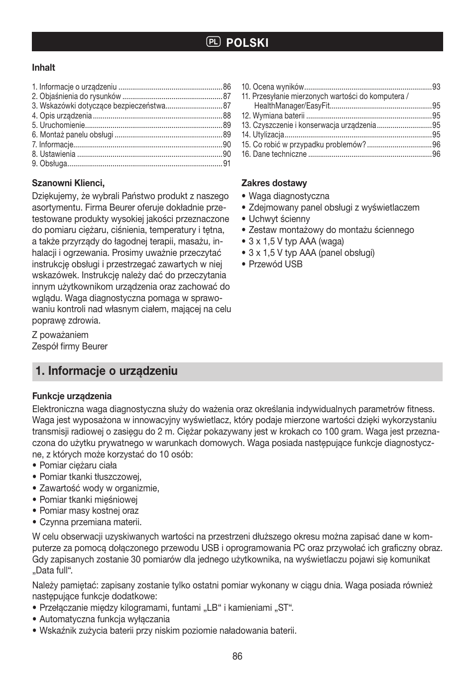 Informacje o urządzeniu, Polski | Beurer BG 64 User Manual | Page 86 / 100