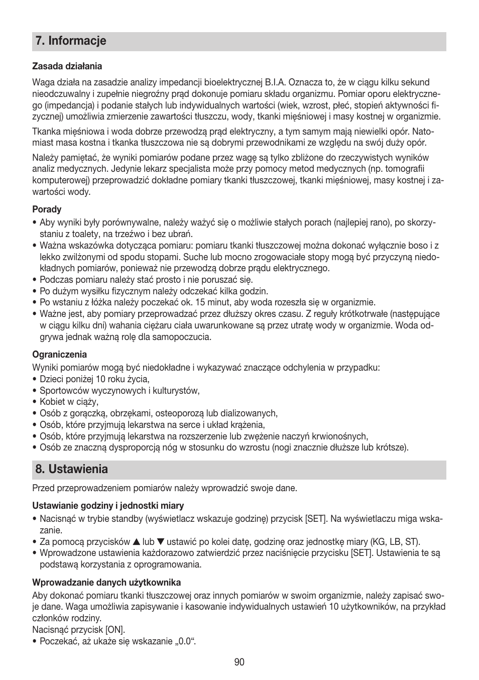 Informacje, Ustawienia | Beurer BG 64 User Manual | Page 90 / 100