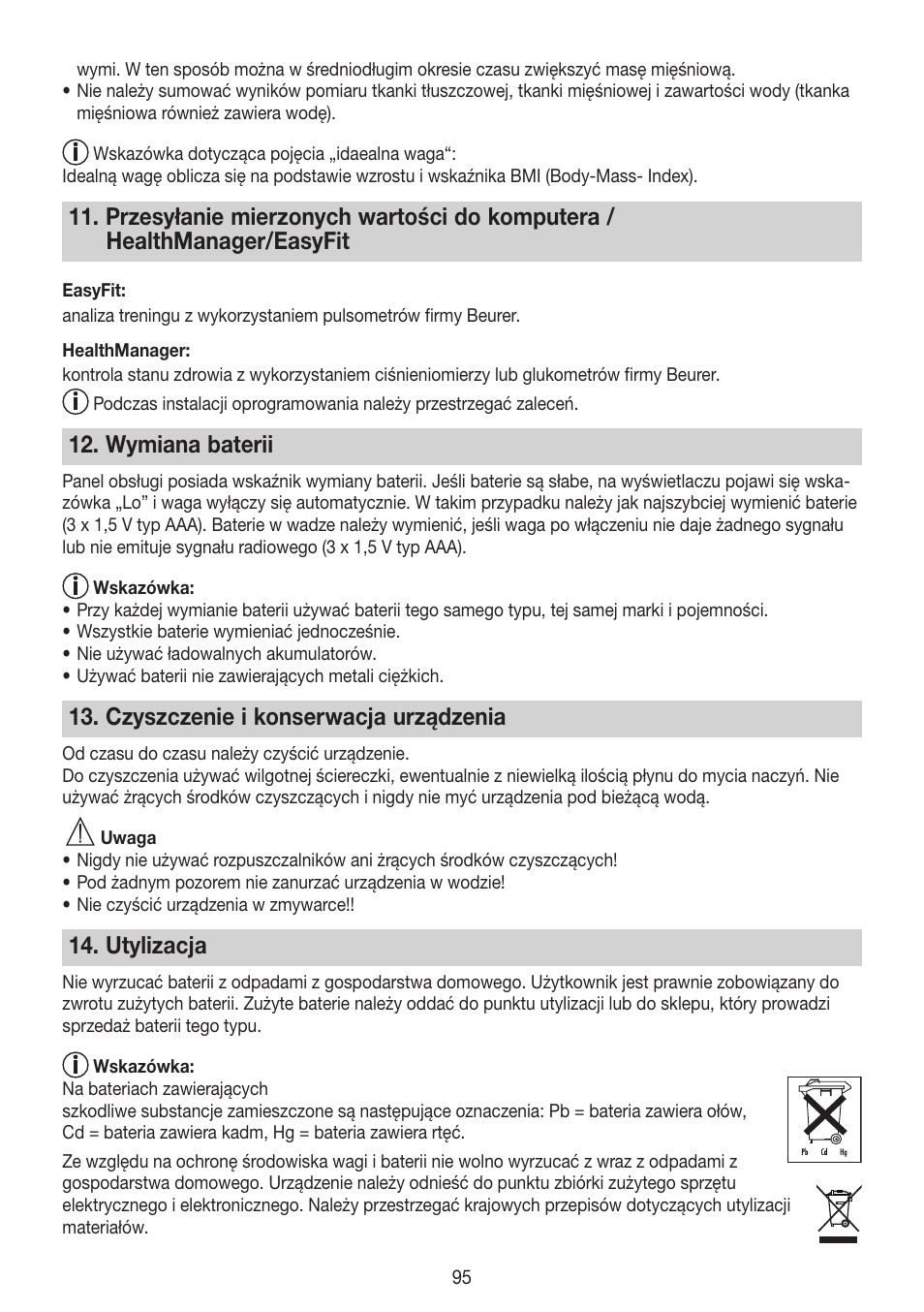 Wymiana baterii, Czyszczenie i konserwacja urządzenia, Utylizacja | Beurer BG 64 User Manual | Page 95 / 100