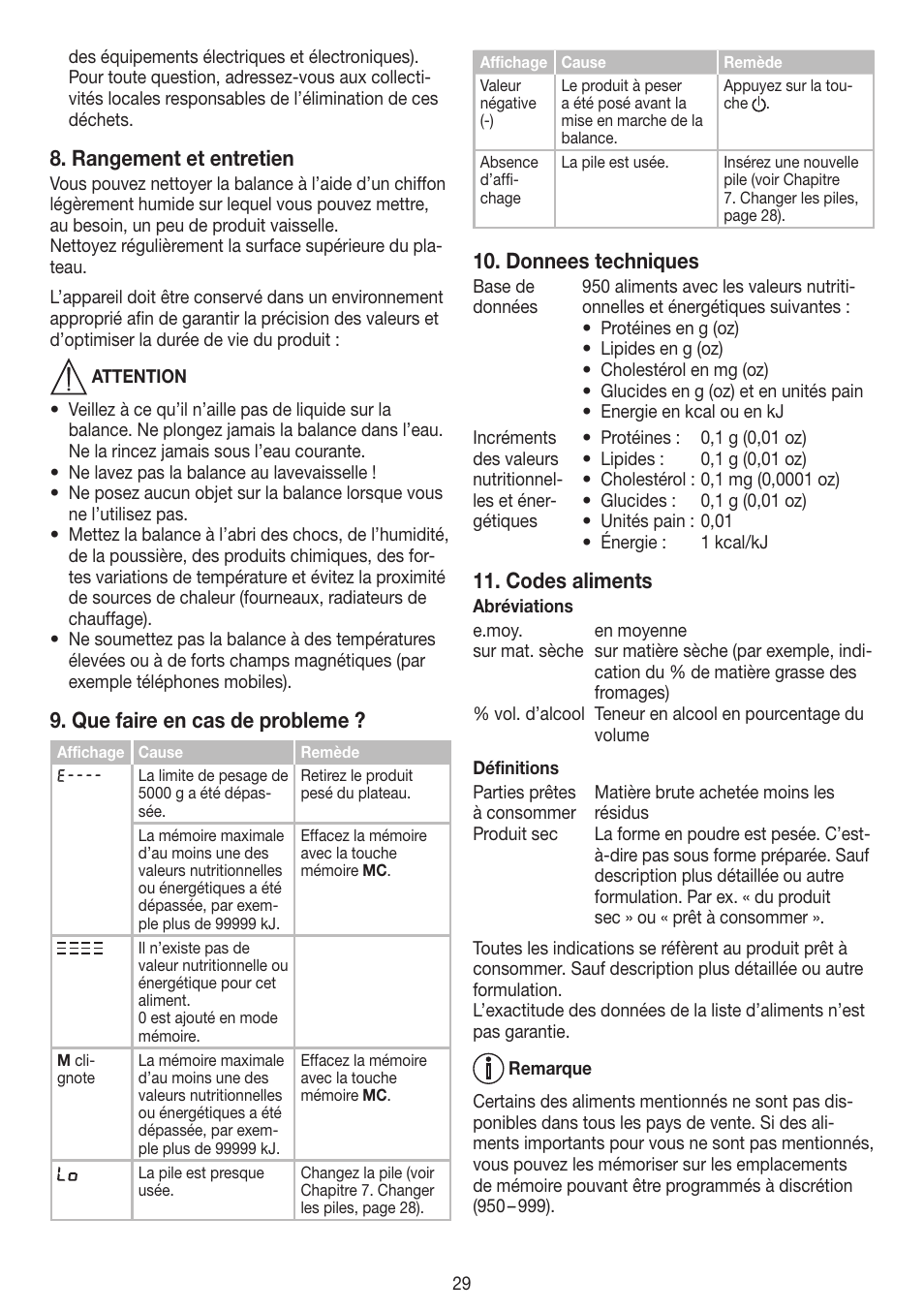 Rangement et entretien, Que faire en cas de probleme, Donnees techniques | Codes aliments | Beurer DS 61 User Manual | Page 29 / 104