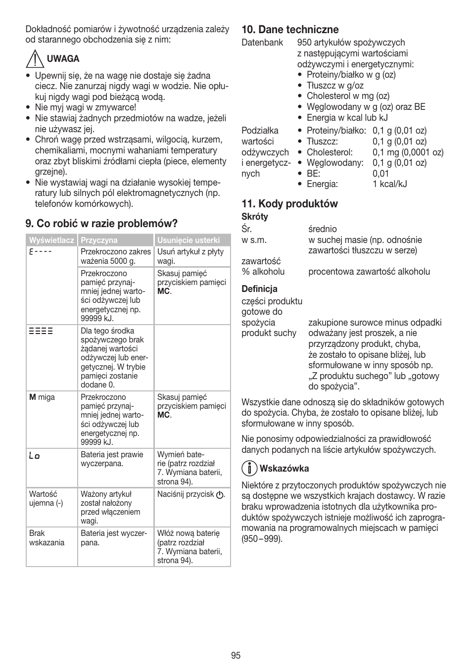 Co robić w razie problemów, Dane techniczne, Kody produktów | Beurer DS 61 User Manual | Page 95 / 104