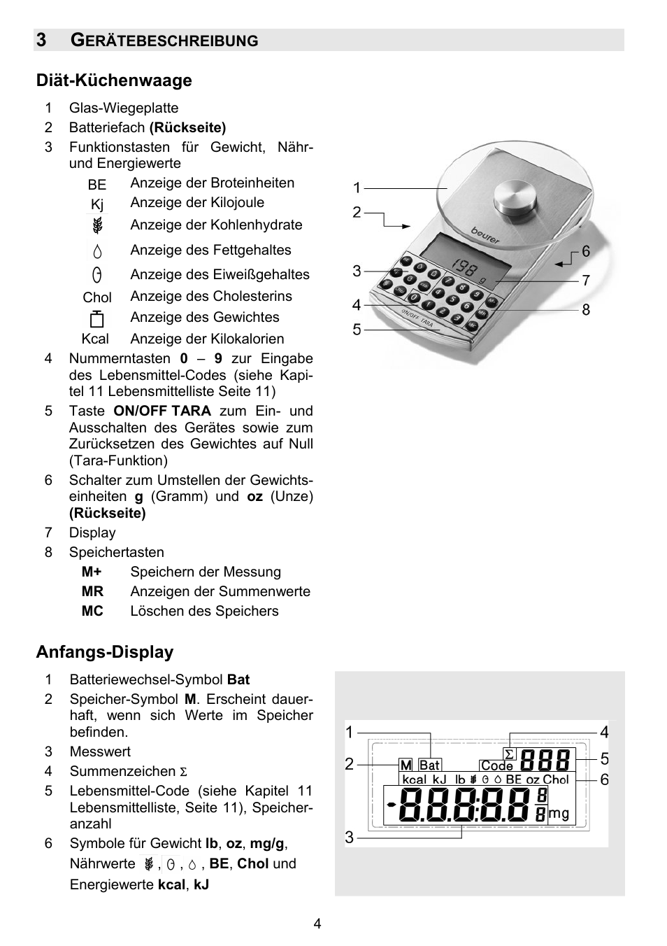 Diät-küchenwaage, Anfangs-display | Beurer DS 81 User Manual | Page 6 / 104