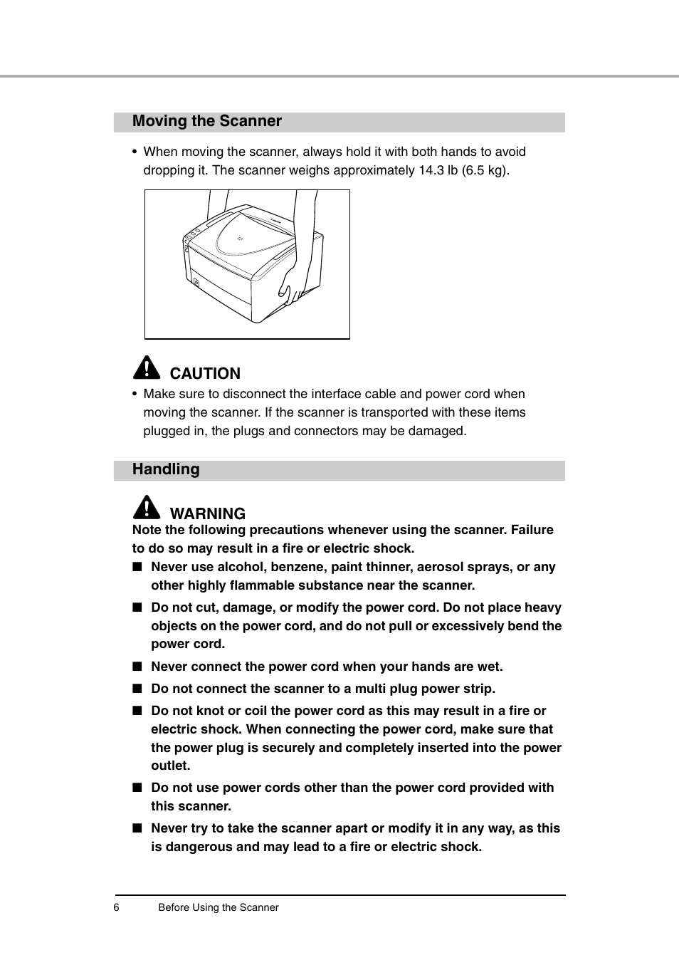 Moving the scanner, Handling, Moving the scanner handling | Caution, Handling warning | Canon DR-6010C User Manual | Page 10 / 61