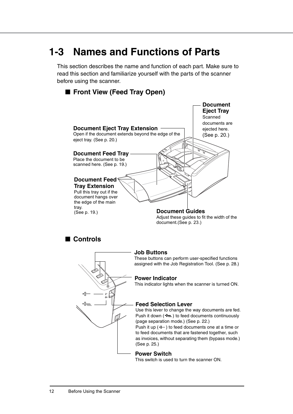 3 names and functions of parts, Names and functions of parts, Front view (feed tray open) ■ controls | Canon DR-6010C User Manual | Page 16 / 61