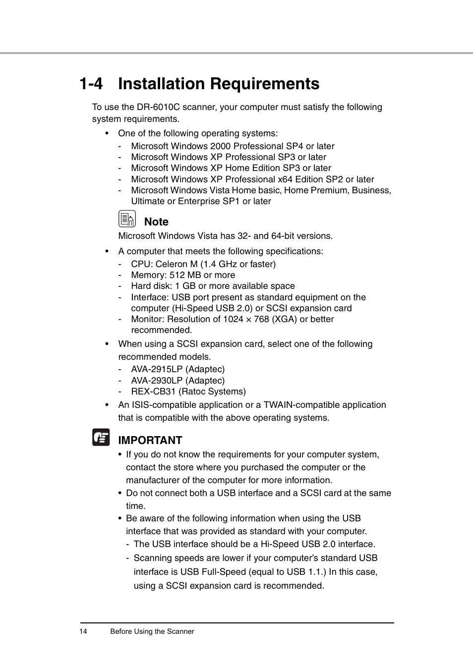 4 installation requirements, Installation requirements, See “1-4 installation | Requirements,” on p. 14.), Important | Canon DR-6010C User Manual | Page 18 / 61