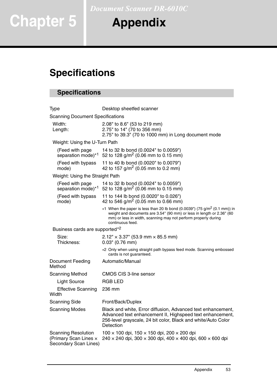 Chapter 5 appendix, Specifications, Chapter5 | Appendix, Chapter 5 | Canon DR-6010C User Manual | Page 57 / 61