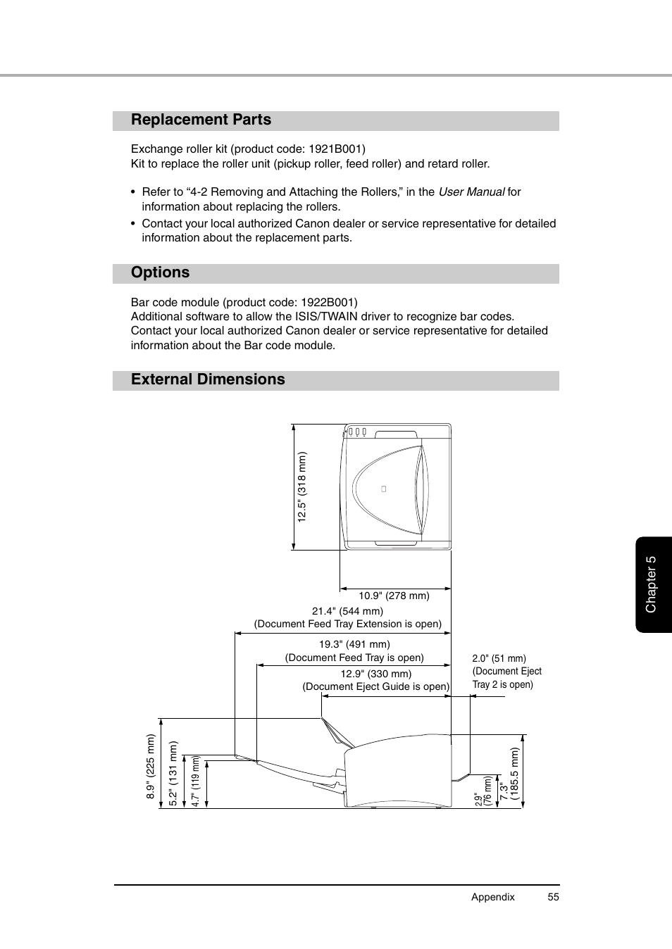 Replacement parts, Options, External dimensions | Replacement parts options external dimensions | Canon DR-6010C User Manual | Page 59 / 61