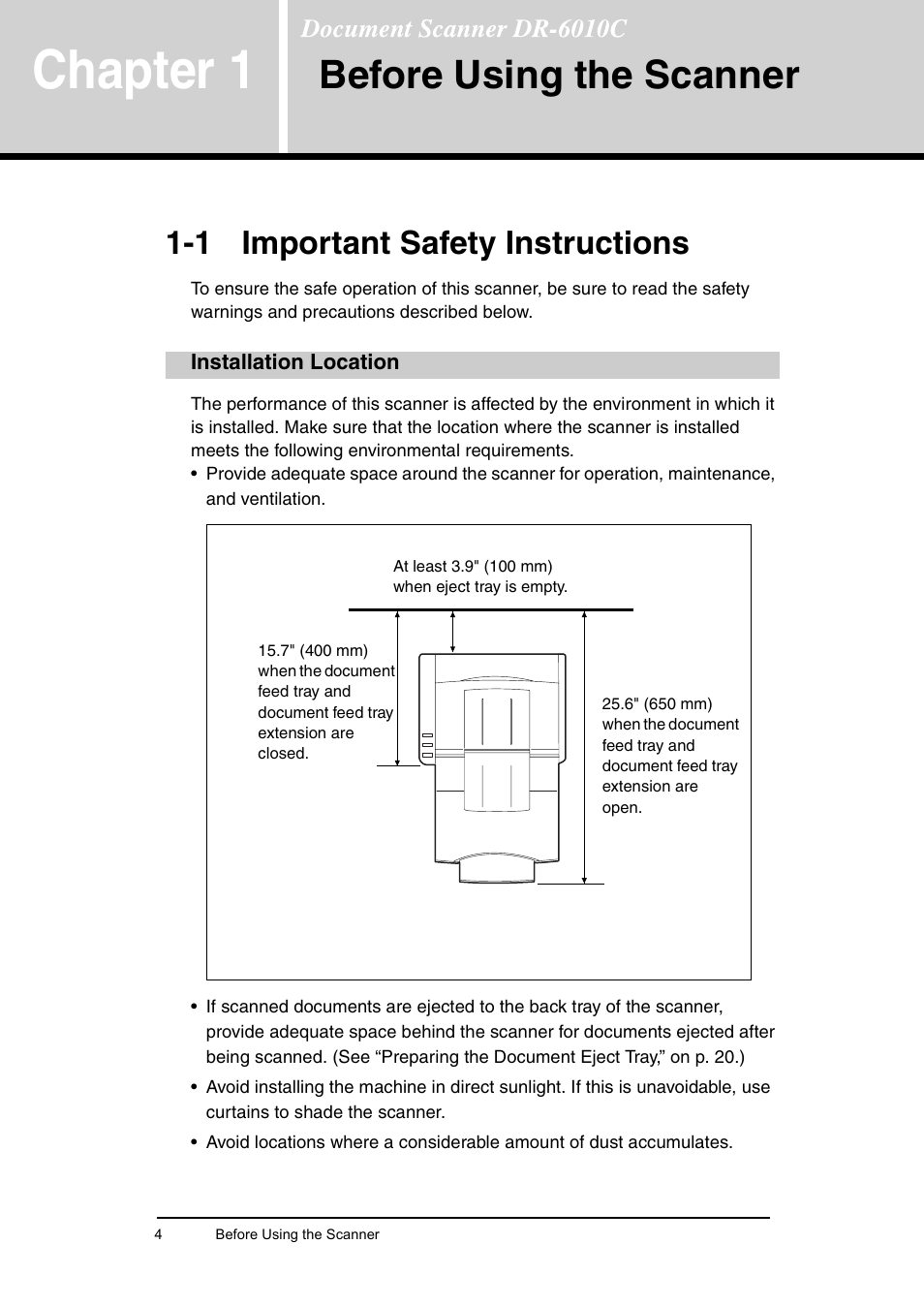 Chapter 1 before using the scanner, 1 important safety instructions, Installation location | Chapter1, Before using the scanner, Chapter 1 | Canon DR-6010C User Manual | Page 8 / 61