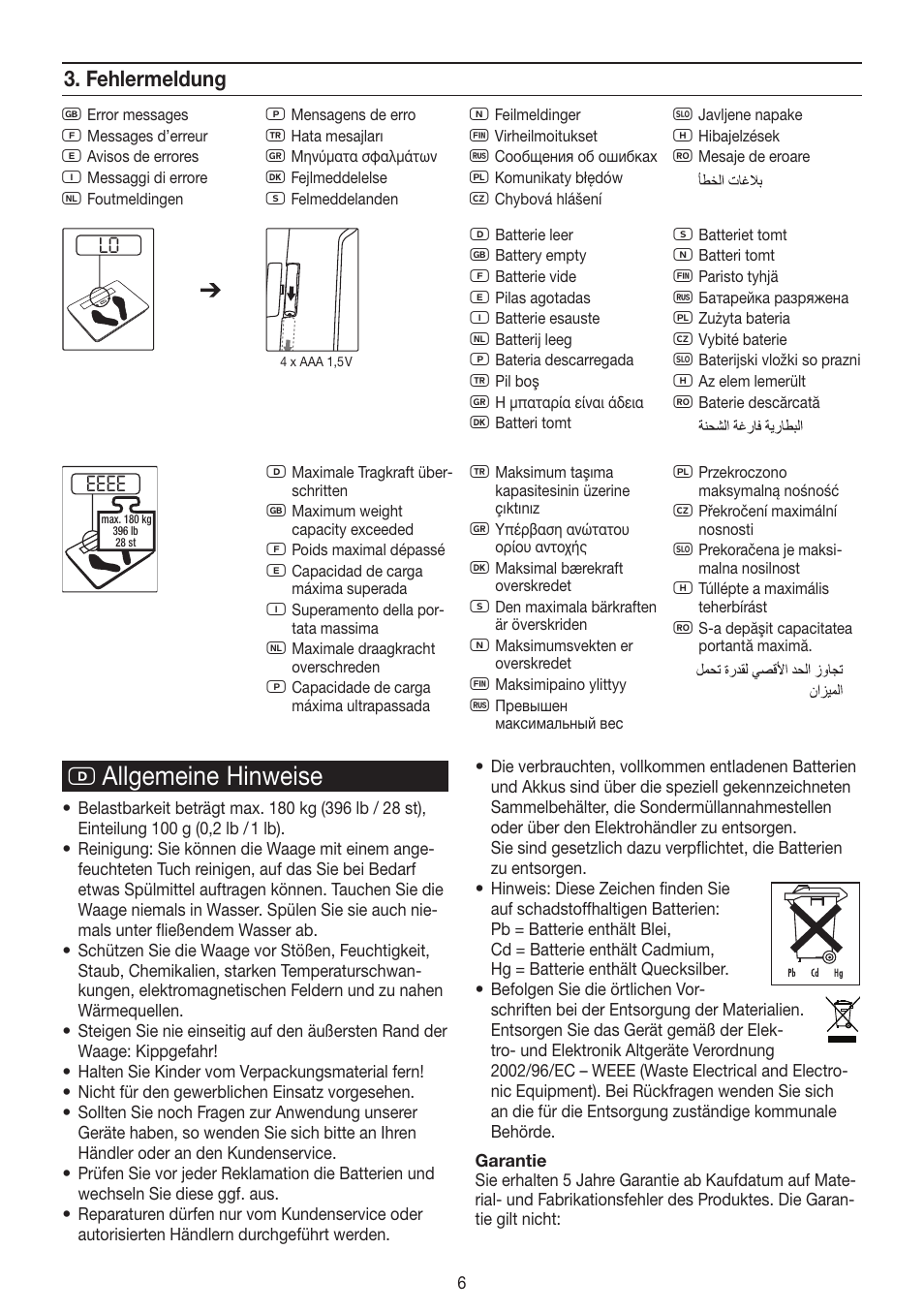 D allgemeine hinweise, Fehlermeldung | Beurer GS 320 User Manual | Page 6 / 16