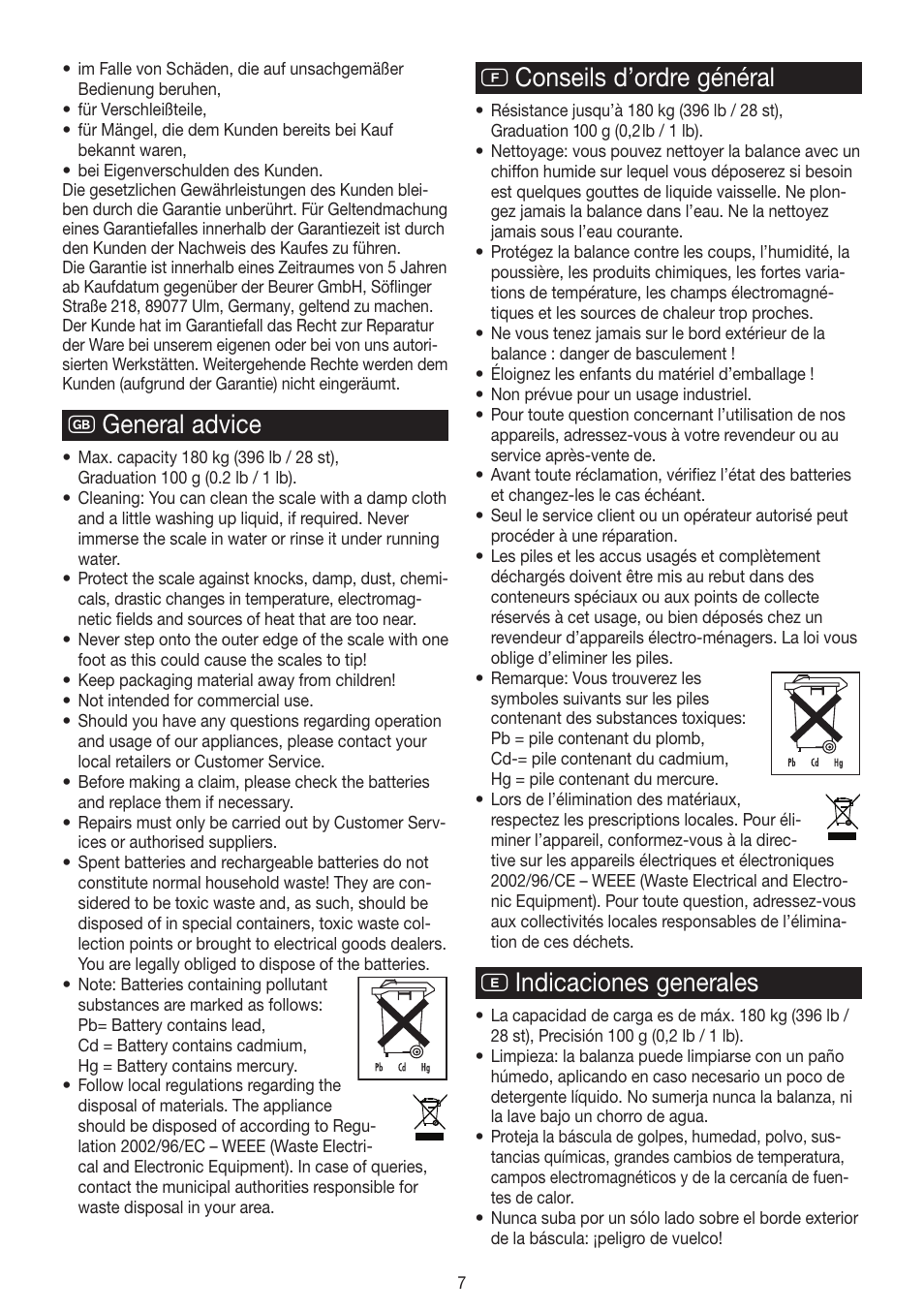 G general advice, F conseils d’ordre général, E indicaciones generales | Beurer GS 320 User Manual | Page 7 / 16