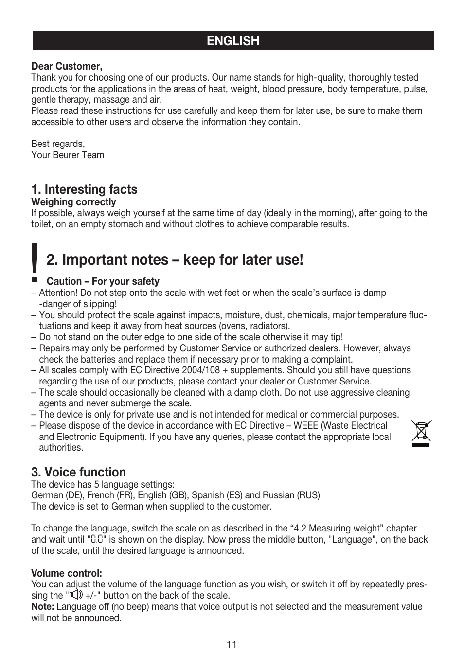 English, Interesting facts, Voice function | Beurer GS 39 User Manual | Page 11 / 24