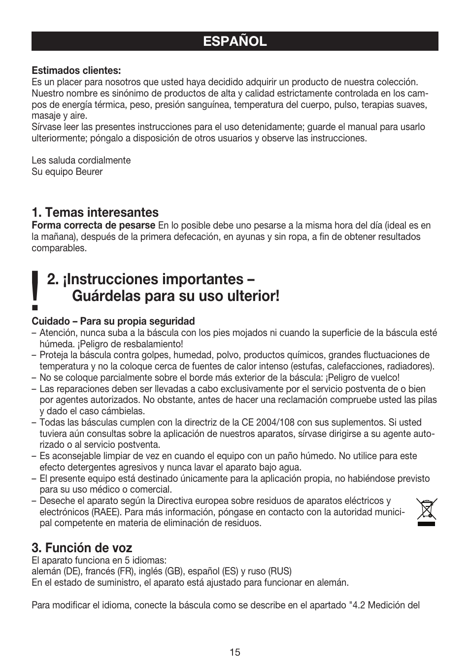 Temas interesantes, Función de voz, Español | Beurer GS 39 User Manual | Page 15 / 24