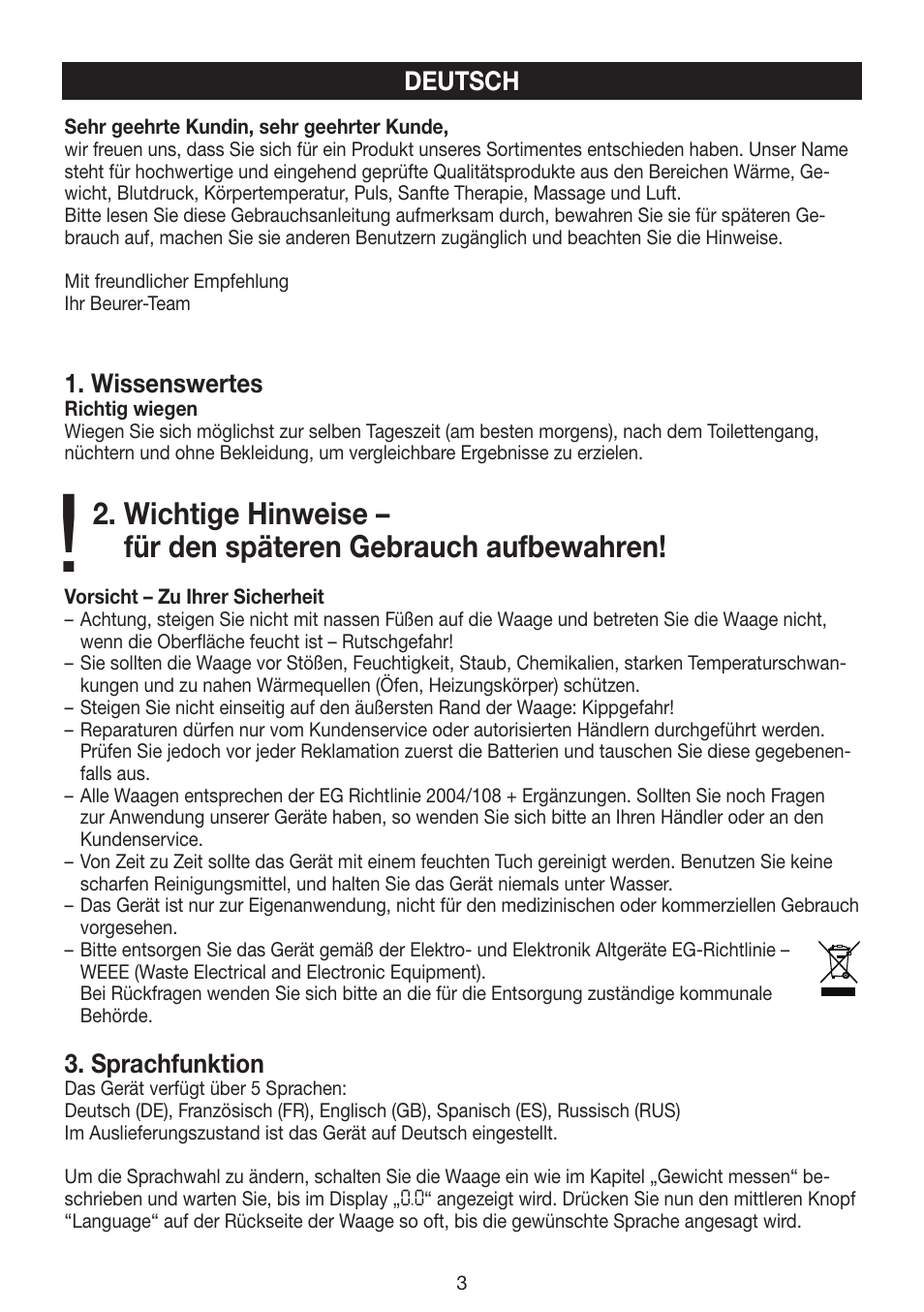 Wissenswertes, Sprachfunktion, Deutsch | Beurer GS 39 User Manual | Page 3 / 24