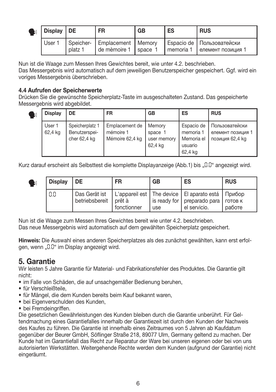 Garantie | Beurer GS 39 User Manual | Page 6 / 24