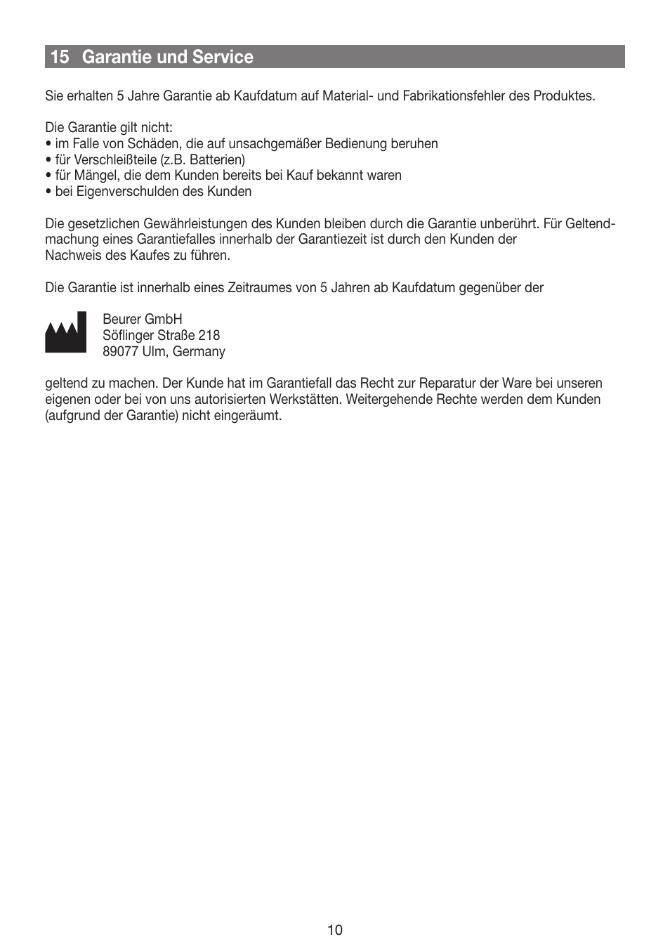 15 garantie und service | Beurer GS 42 User Manual | Page 10 / 68