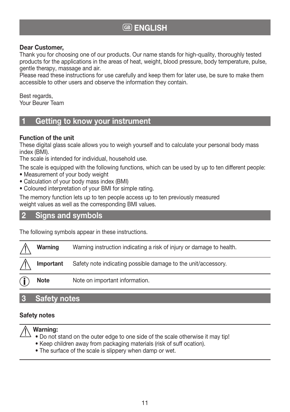 English, 1 getting to know your instrument, 2 signs and symbols | Beurer GS 42 User Manual | Page 11 / 68