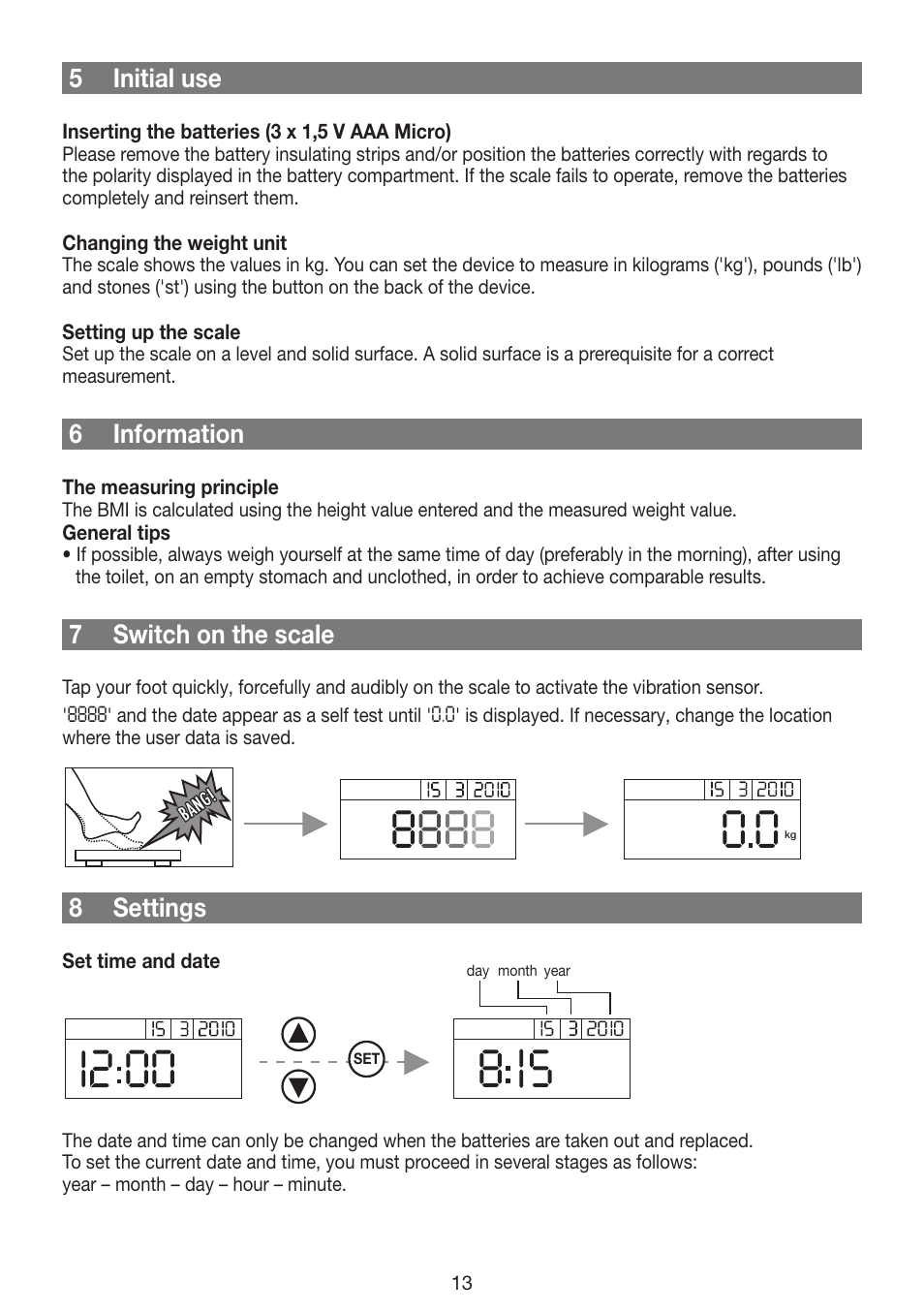 5 initial use, 6 information, 7 switch on the scale | 8 settings | Beurer GS 42 User Manual | Page 13 / 68
