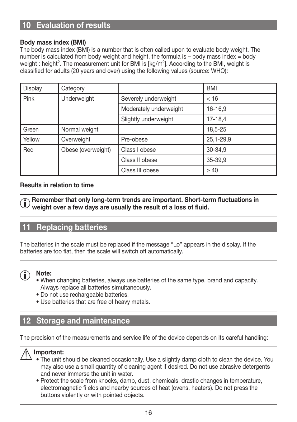 10 evaluation of results, 11 replacing batteries, 12 storage and maintenance | Beurer GS 42 User Manual | Page 16 / 68
