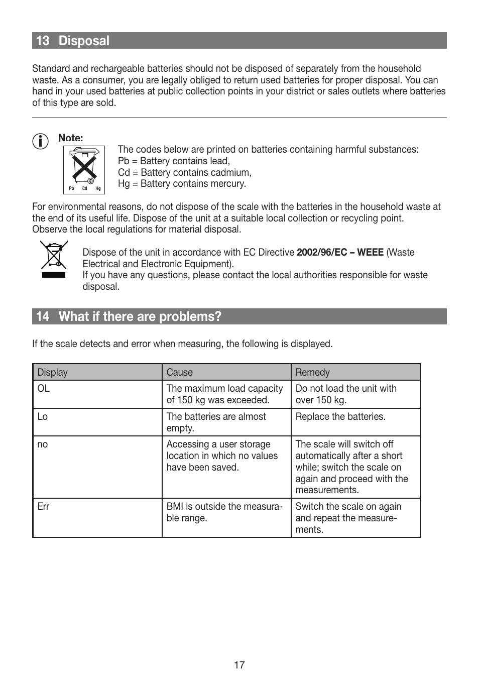 13 disposal, 14 what if there are problems | Beurer GS 42 User Manual | Page 17 / 68