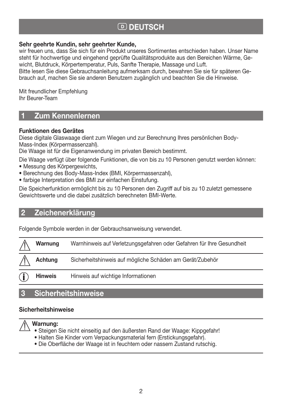 Deutsch 1 zum kennenlernen, 2 zeichenerklärung, 3 sicherheitshinweise | Beurer GS 42 User Manual | Page 2 / 68