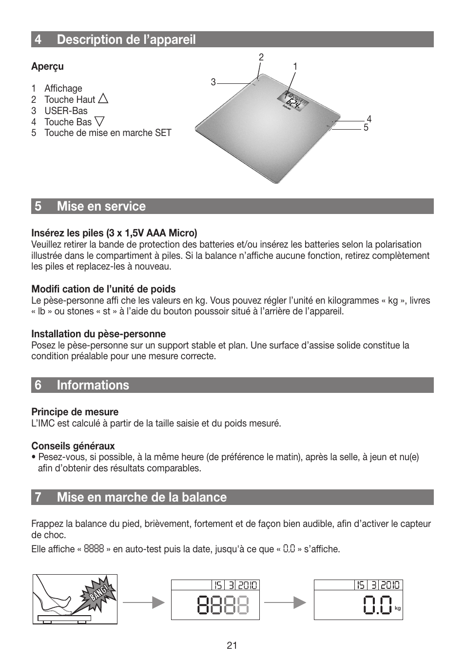 4 description de l’appareil, 5 mise en service, 6 informations | 7 mise en marche de la balance | Beurer GS 42 User Manual | Page 21 / 68