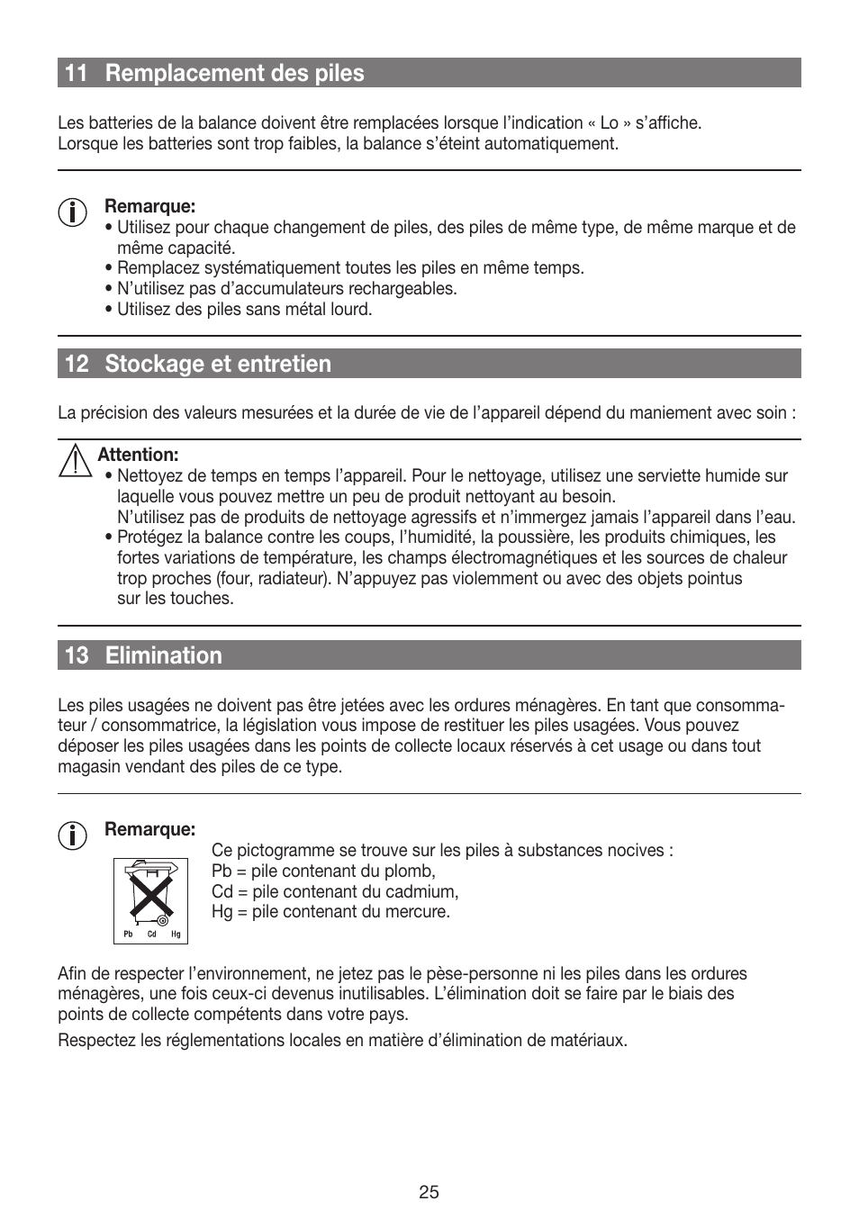 11 remplacement des piles, 12 stockage et entretien, 13 elimination | Beurer GS 42 User Manual | Page 25 / 68
