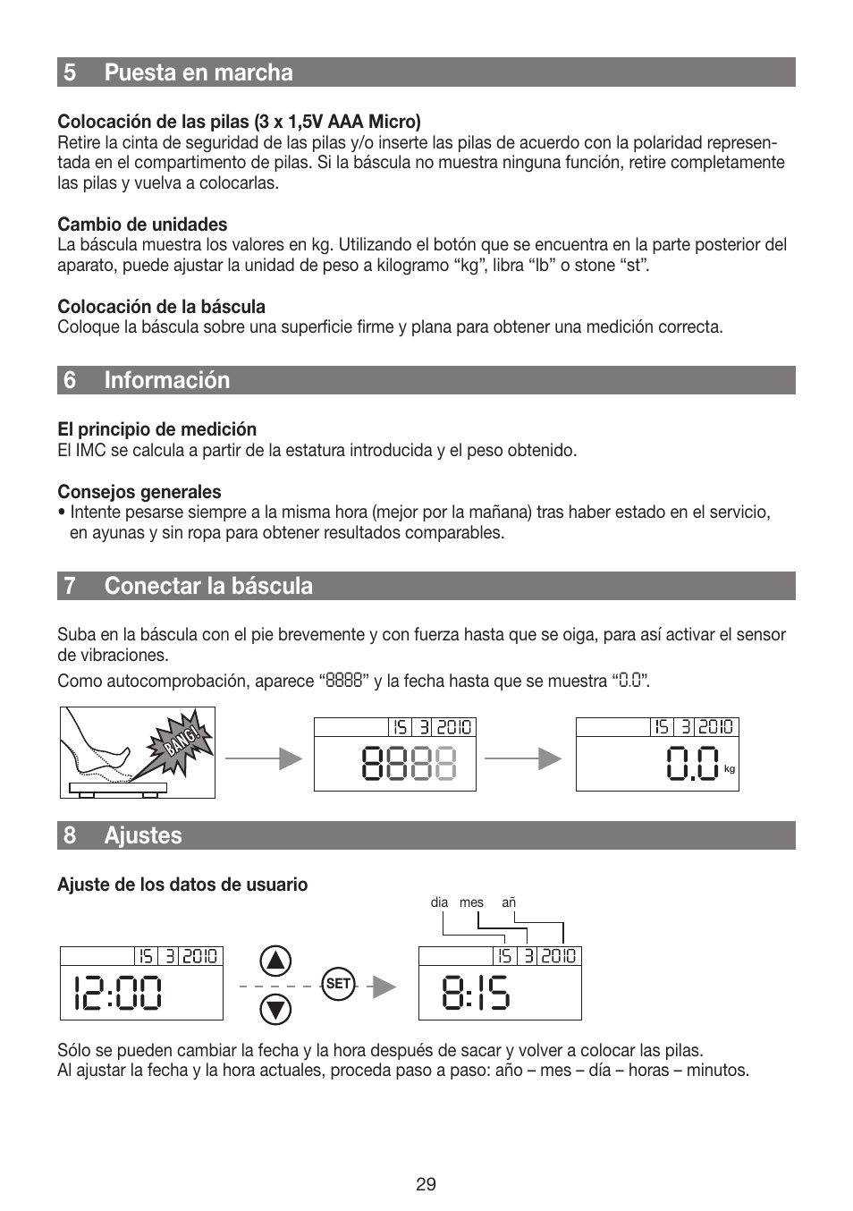5 puesta en marcha, 6 información, 7 conectar la báscula | 8 ajustes | Beurer GS 42 User Manual | Page 29 / 68