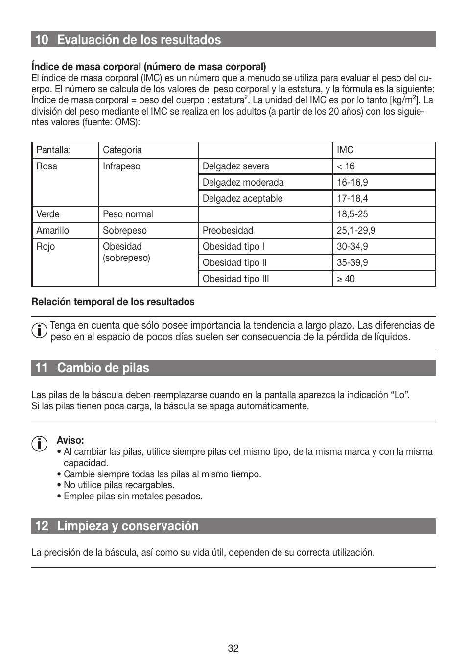 10 evaluación de los resultados, 11 cambio de pilas, 12 limpieza y conservación | Beurer GS 42 User Manual | Page 32 / 68