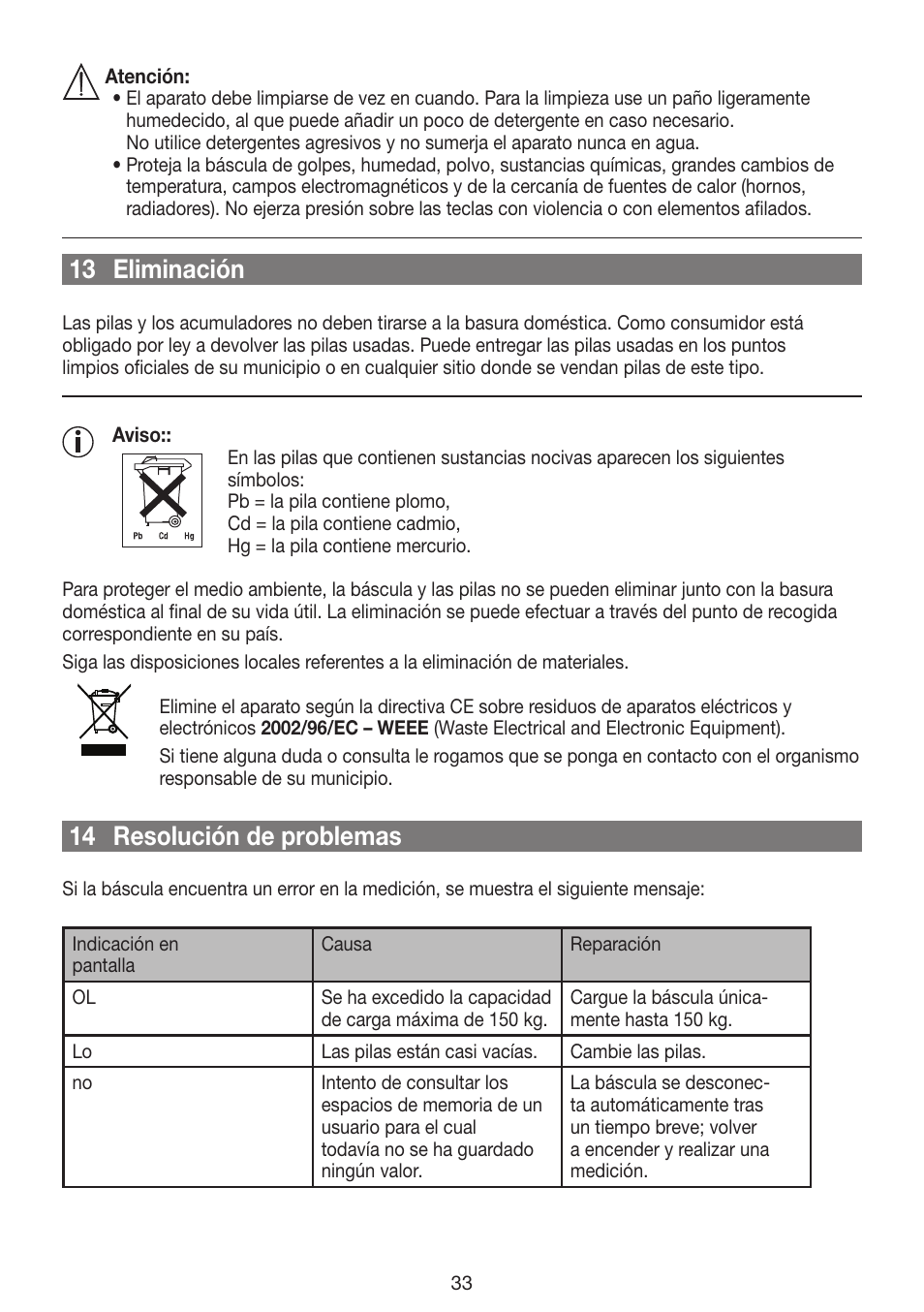 13 eliminación, 14 resolución de problemas | Beurer GS 42 User Manual | Page 33 / 68