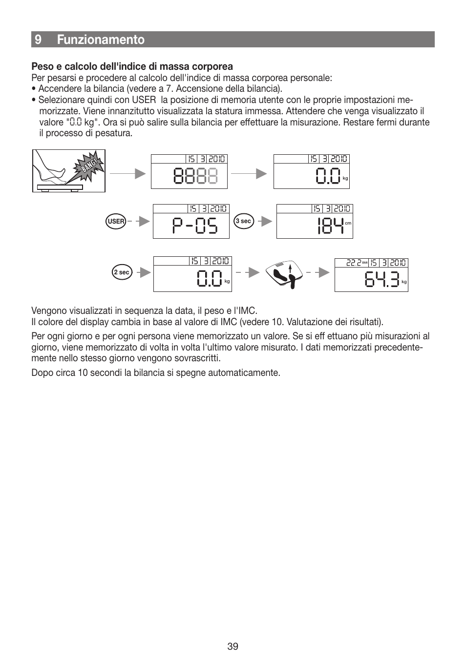 9 funzionamento, Peso e calcolo dell'indice di massa corporea | Beurer GS 42 User Manual | Page 39 / 68