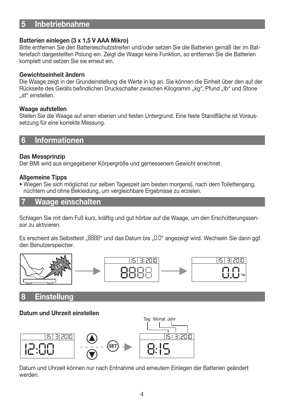 5 inbetriebnahme, 6 informationen, 7 waage einschalten | 8 einstellung | Beurer GS 42 User Manual | Page 4 / 68