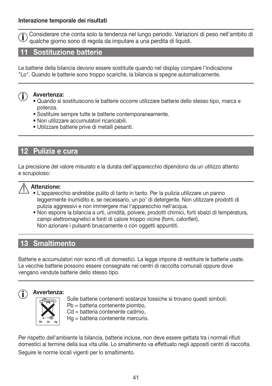 11 sostituzione batterie, 12 pulizia e cura, 13 smaltimento | Beurer GS 42 User Manual | Page 41 / 68