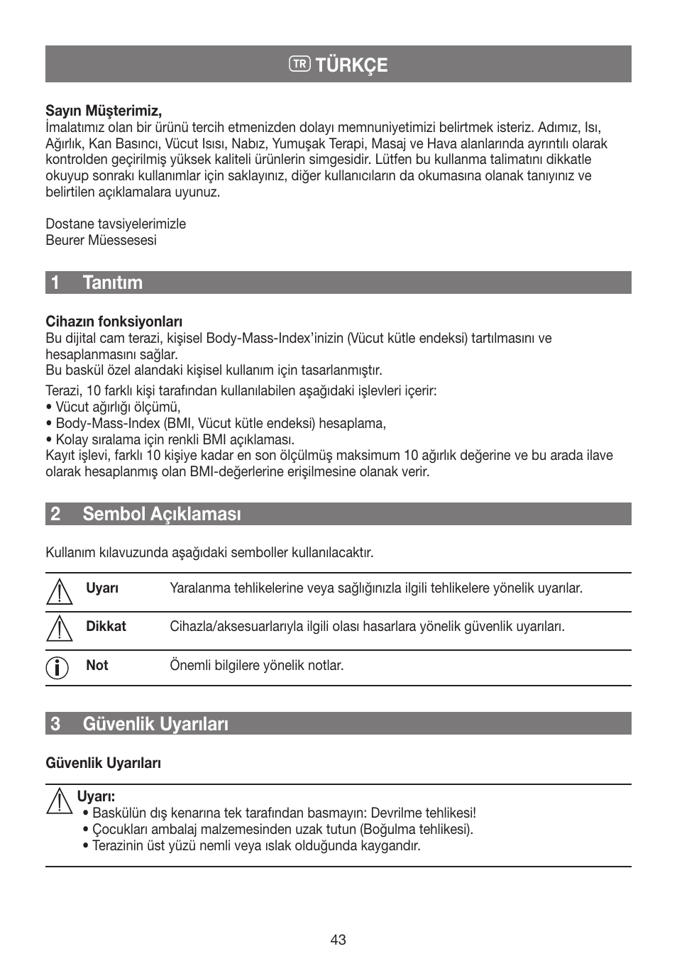 Türkçe, 1 tanıtım, 2 sembol açıklaması | 3 güvenlik uyarıları | Beurer GS 42 User Manual | Page 43 / 68