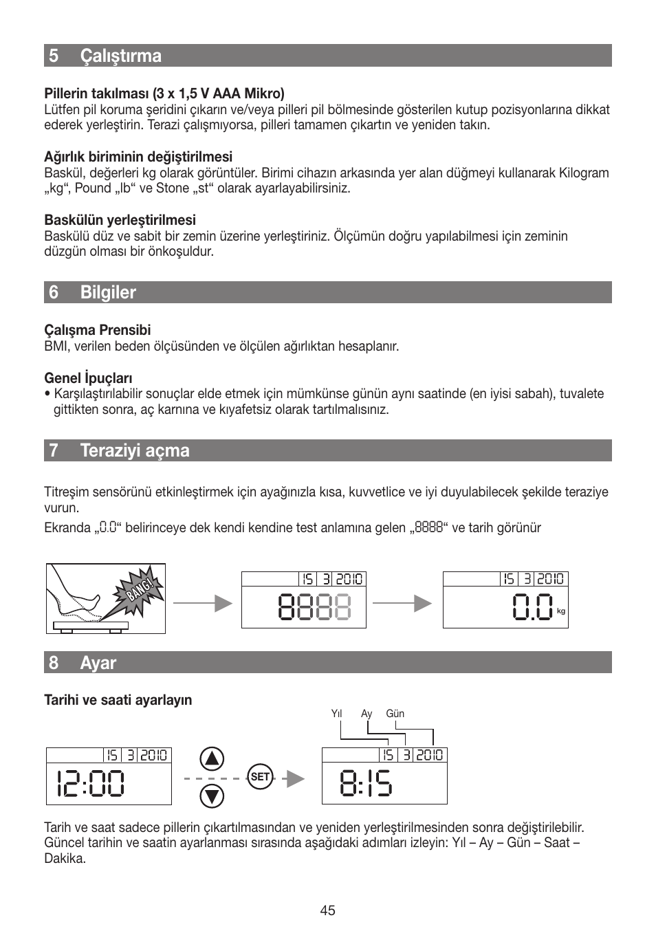 5 çalıştırma, 6 bilgiler, 7 teraziyi açma | 8 ayar | Beurer GS 42 User Manual | Page 45 / 68