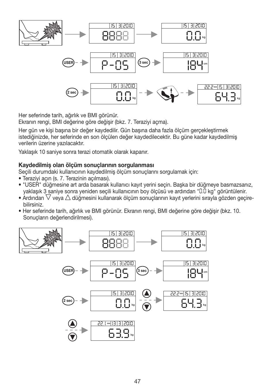Kaydedilmiş olan ölçüm sonuçlarının sorgulanması | Beurer GS 42 User Manual | Page 47 / 68