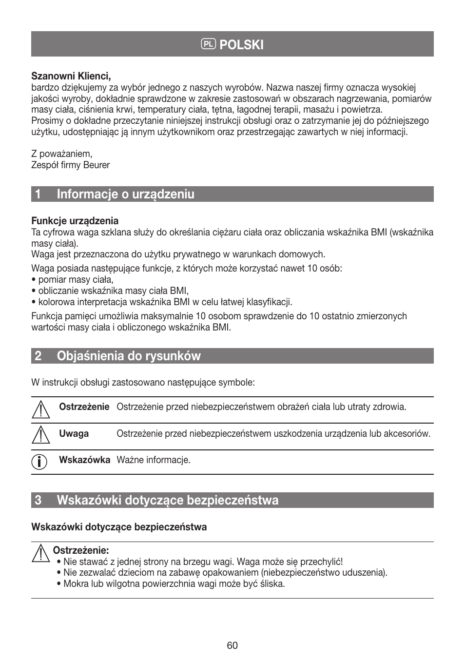 Polski, 1 informacje o urządzeniu, 2 objaśnienia do rysunków | 3 wskazówki dotyczące bezpieczeństwa | Beurer GS 42 User Manual | Page 60 / 68