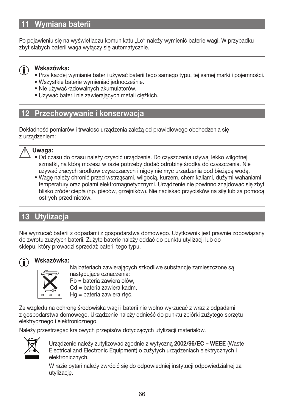 11 wymiana baterii, 12 przechowywanie i konserwacja, 13 utylizacja | Beurer GS 42 User Manual | Page 66 / 68