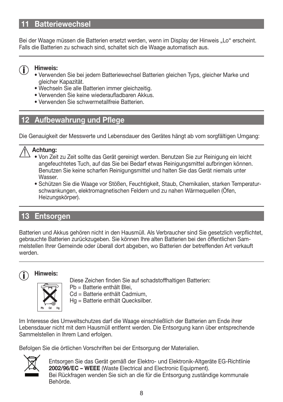 11 batteriewechsel, 12 aufbewahrung und pflege, 13 entsorgen | Beurer GS 42 User Manual | Page 8 / 68