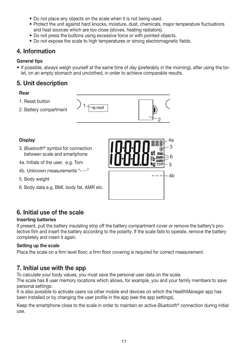 Information, Unit description, Initial use of the scale | Initial use with the app | Beurer GS 485 User Manual | Page 11 / 60