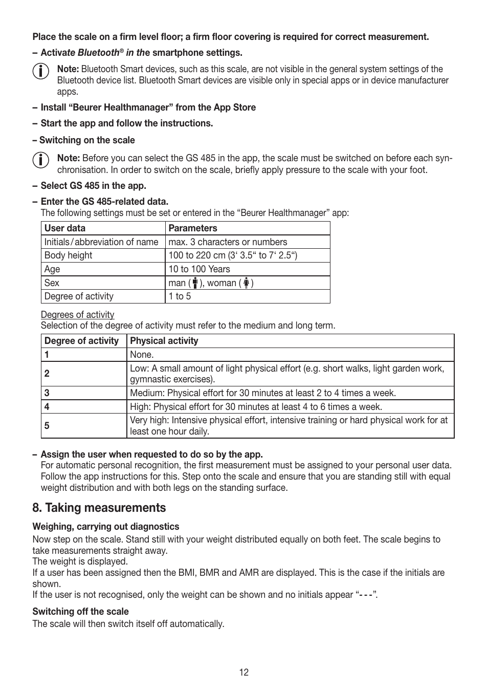 Taking measurements | Beurer GS 485 User Manual | Page 12 / 60