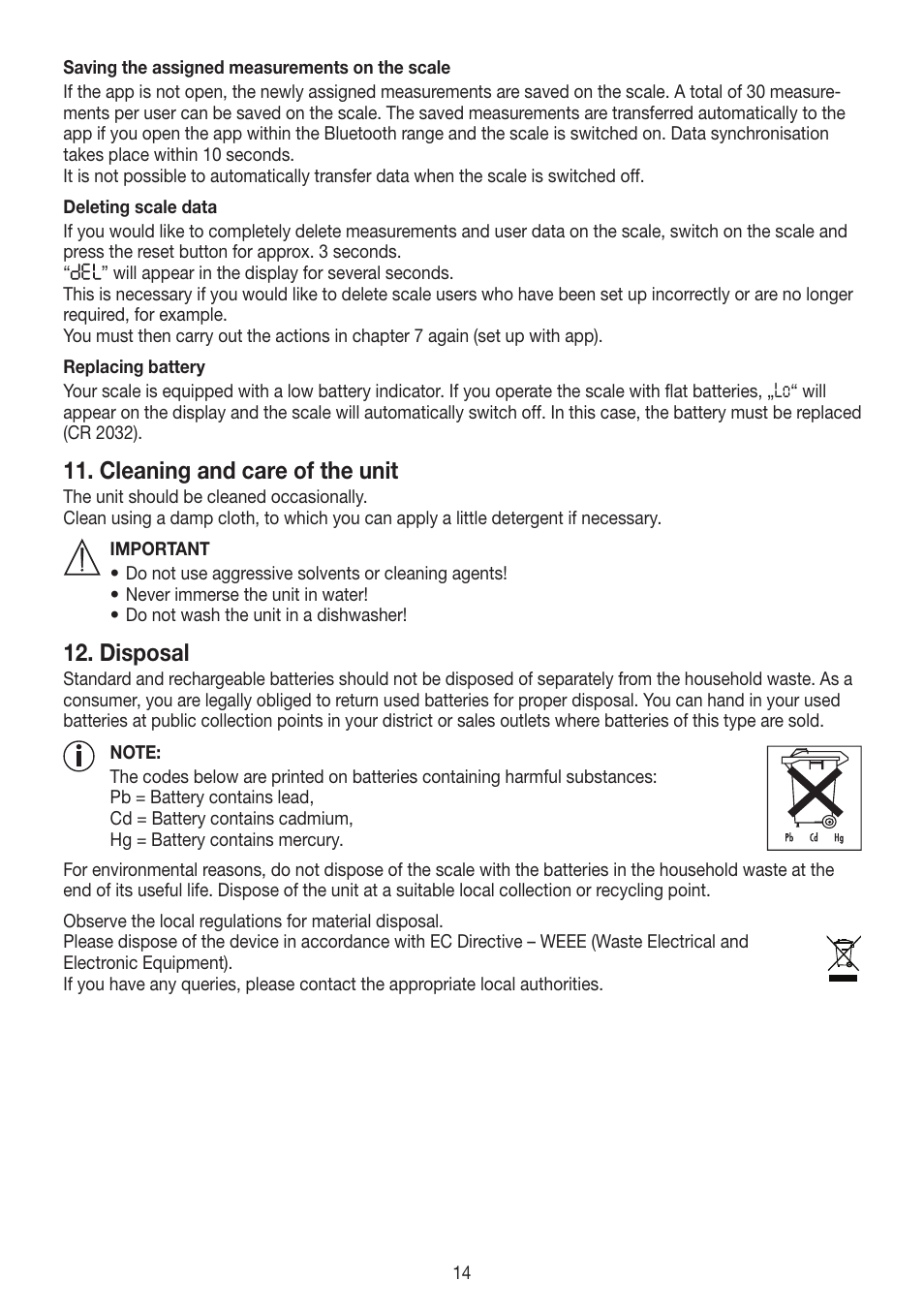 Cleaning and care of the unit, Disposal | Beurer GS 485 User Manual | Page 14 / 60