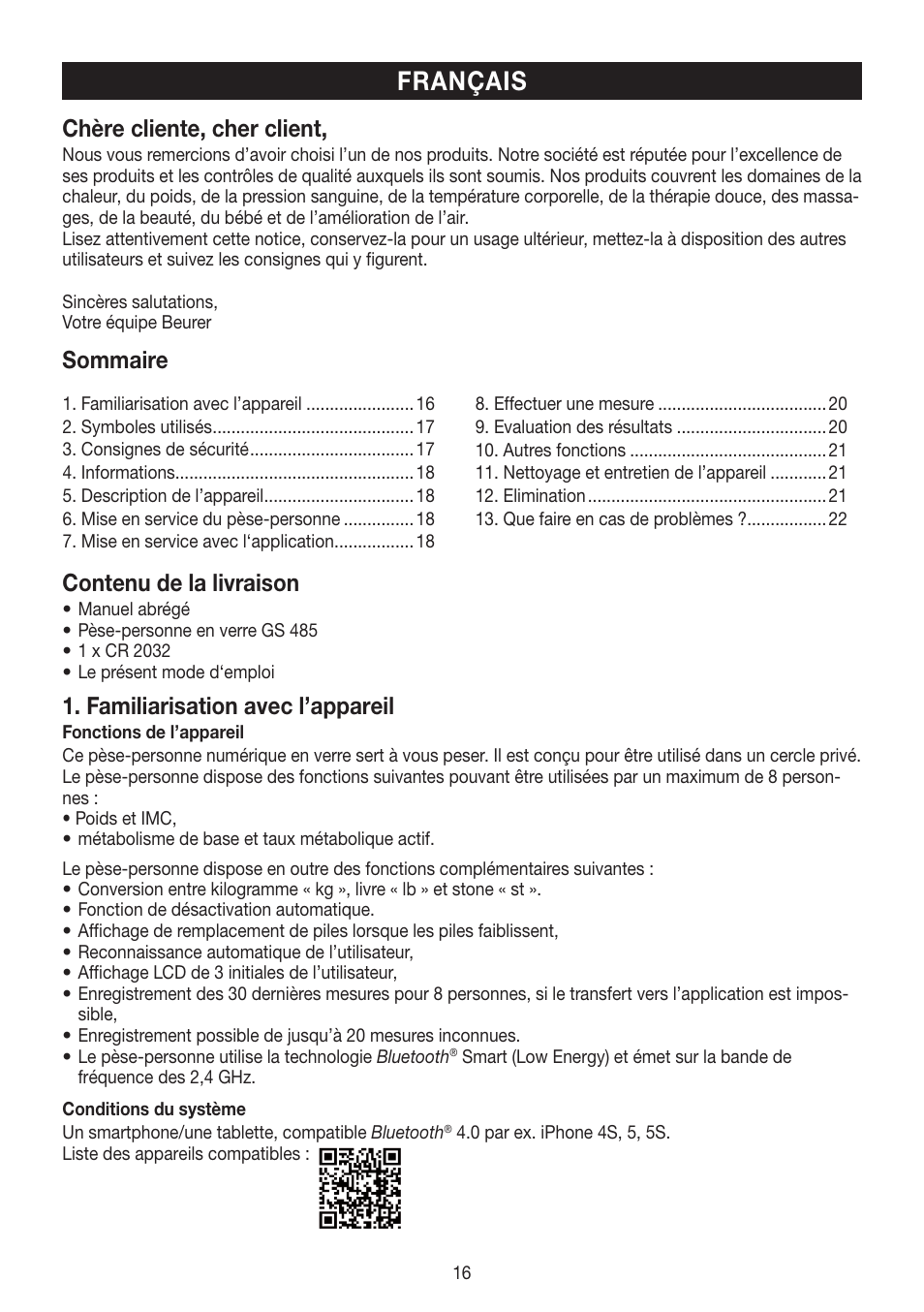 Français, Chère cliente, cher client, Sommaire | Contenu de la livraison, Familiarisation avec l’appareil | Beurer GS 485 User Manual | Page 16 / 60