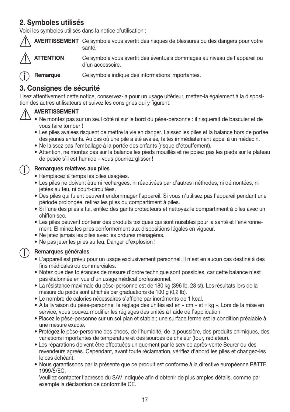 Symboles utilisés, Consignes de sécurité | Beurer GS 485 User Manual | Page 17 / 60