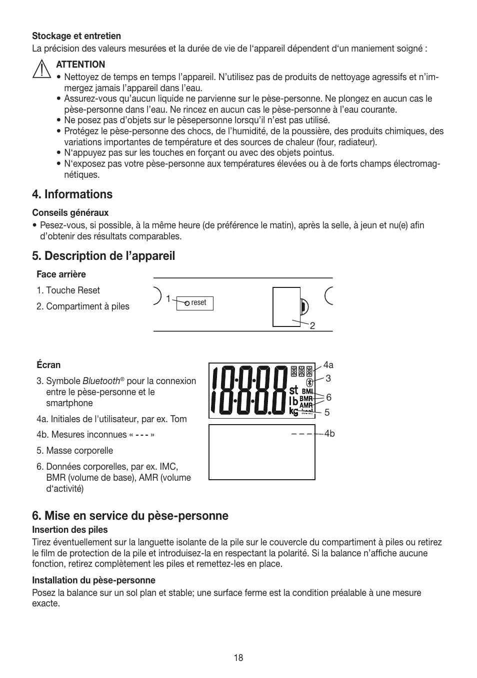 Informations, Description de l’appareil, Mise en service du pèse-personne | Beurer GS 485 User Manual | Page 18 / 60
