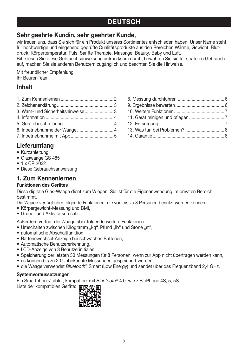Deutsch, Sehr geehrte kundin, sehr geehrter kunde, Inhalt | Lieferumfang, Zum kennenlernen | Beurer GS 485 User Manual | Page 2 / 60