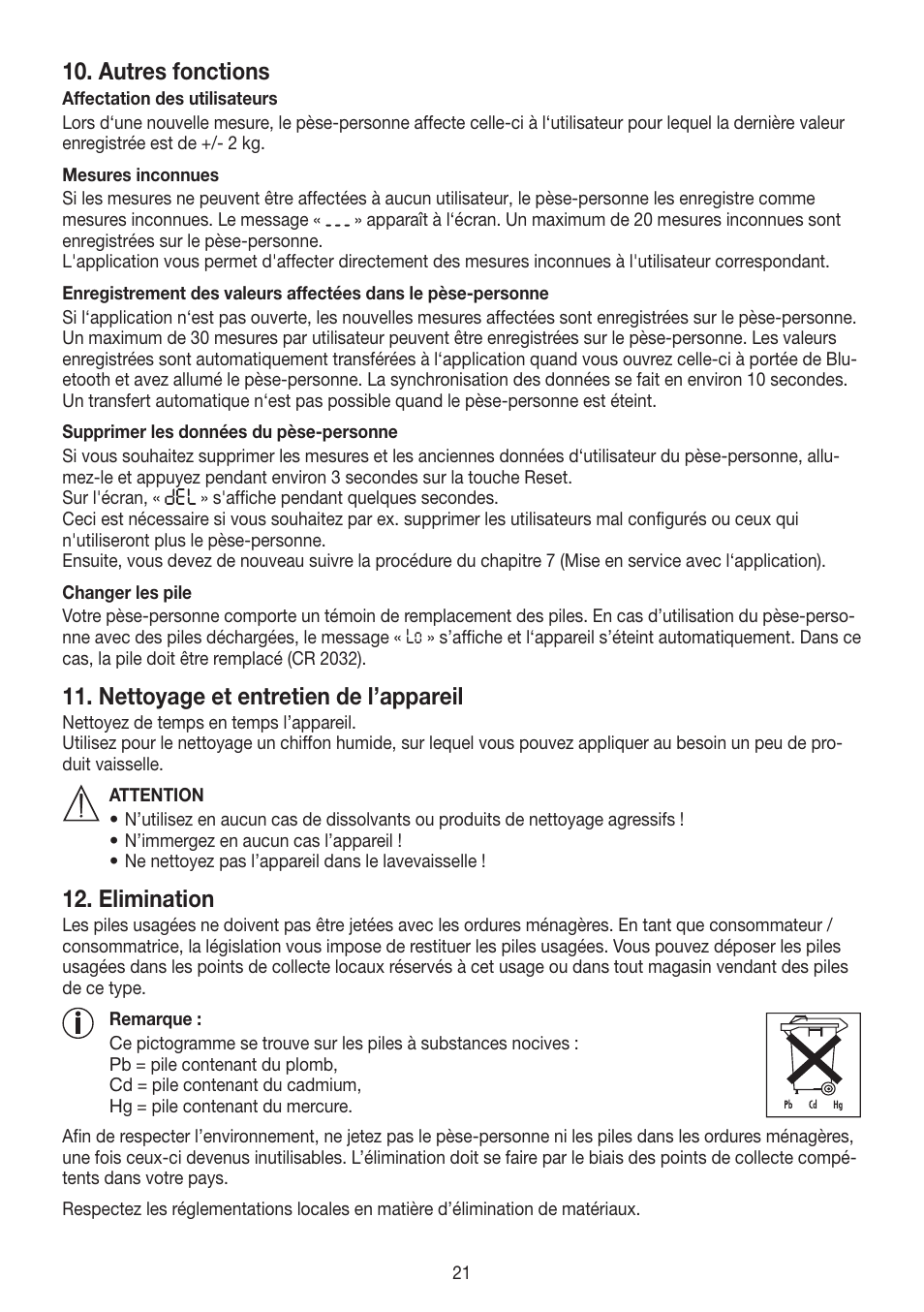 Autres fonctions, Nettoyage et entretien de l’appareil, Elimination | Beurer GS 485 User Manual | Page 21 / 60